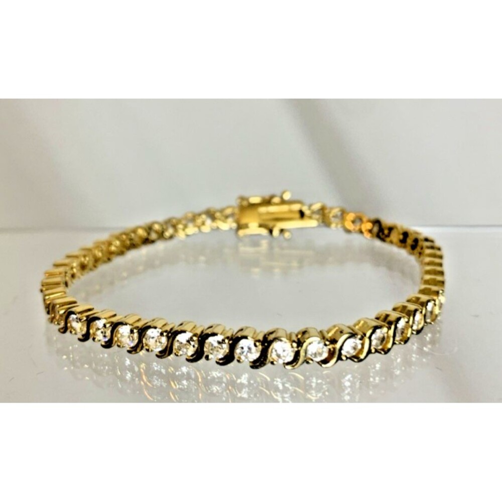 DBJ 925 Sterling Silver Gold Tone Tennis Bracelet CZ Prong Set 7" Vintage Signed